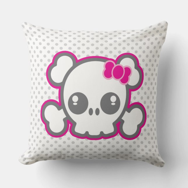 Kawaii Pink Ribbon Skull Throw Kissen (Vorderseite)