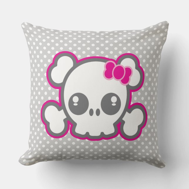 Kawaii Pink Ribbon Skull Throw Kissen (Vorderseite)