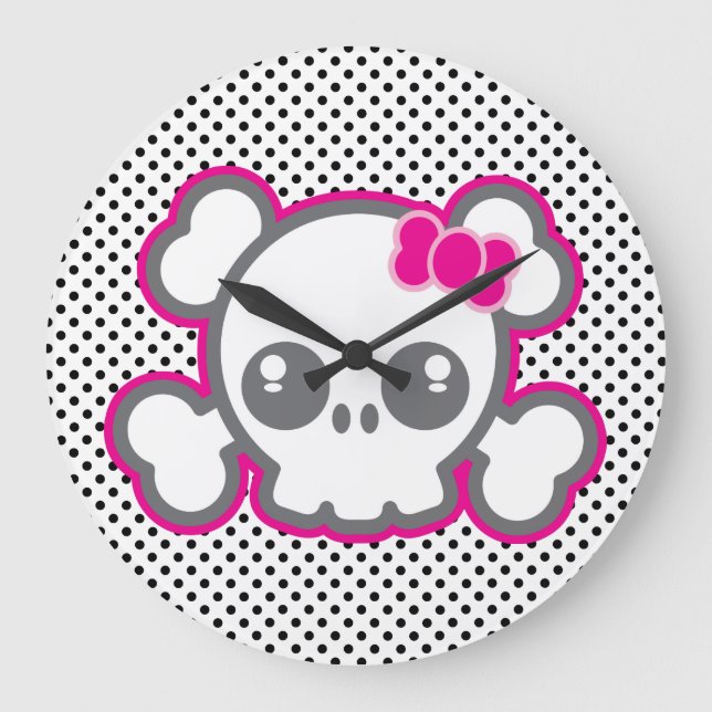 Kawaii Pink Ribbon Skull Wall Clock Große Wanduhr (Vorderseite)