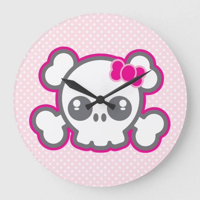 Kawaii Pink Ribbon Skull Wall Clock Große Wanduhr (Vorderseite)