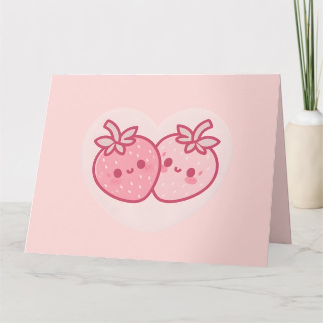 Kawaii Pink Valentines Erdbeeren Karte (Vorderseite)