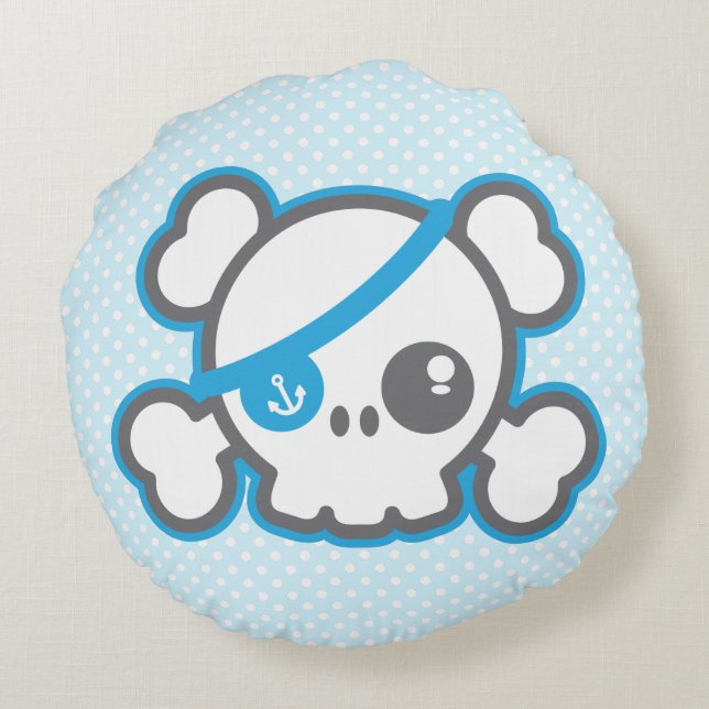 Kawaii Pirate Skull Round Pillow Rundes Kissen (Rückseite)