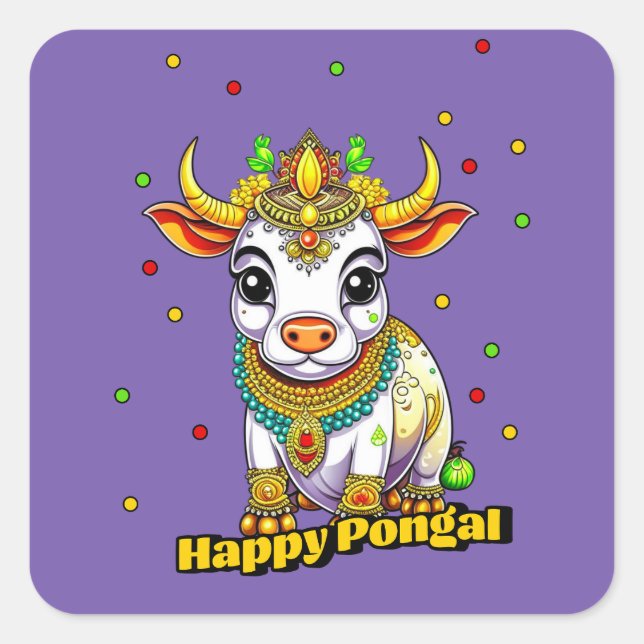 Kawaii Pongal dekorierte Kuh Quadratischer Aufkleber (Vorderseite)