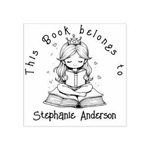 Kawaii Princess Book Reading Crown Hearts Library Gummistempel