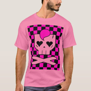 Kawaii Psychobilly Hot Pink Totenkopf & Schachbret T-Shirt