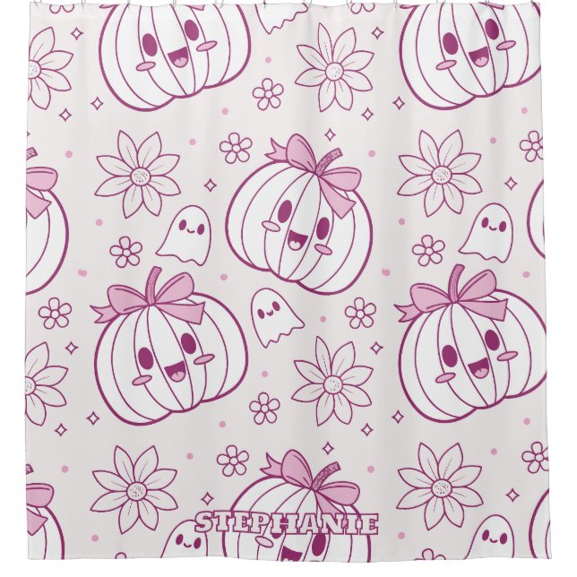 Kawaii Pumpkins, Geister und Blume Duschvorhang (Vorderseite)