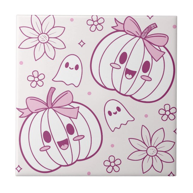 Kawaii Pumpkins, Geister und Blume Fliese (Vorderseite)