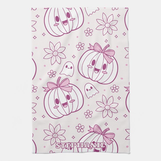Kawaii Pumpkins, Geister und Blume Geschirrtuch (Vertikal)