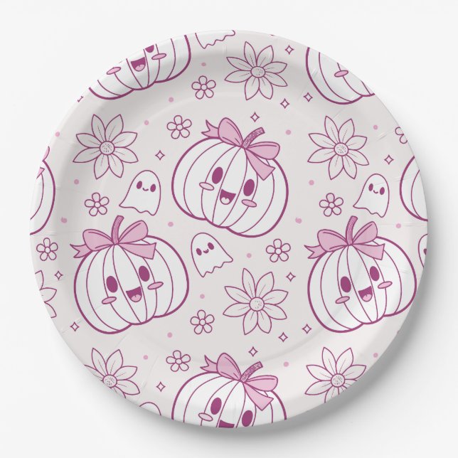 Kawaii Pumpkins, Geister und Blume Pappteller (Vorderseite)