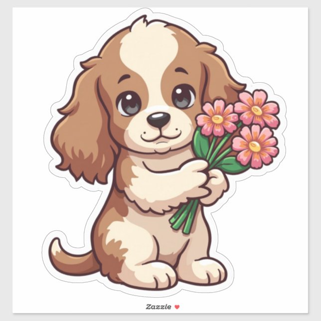 Kawaii Pup Holding-Blume Aufkleber (Blatt)