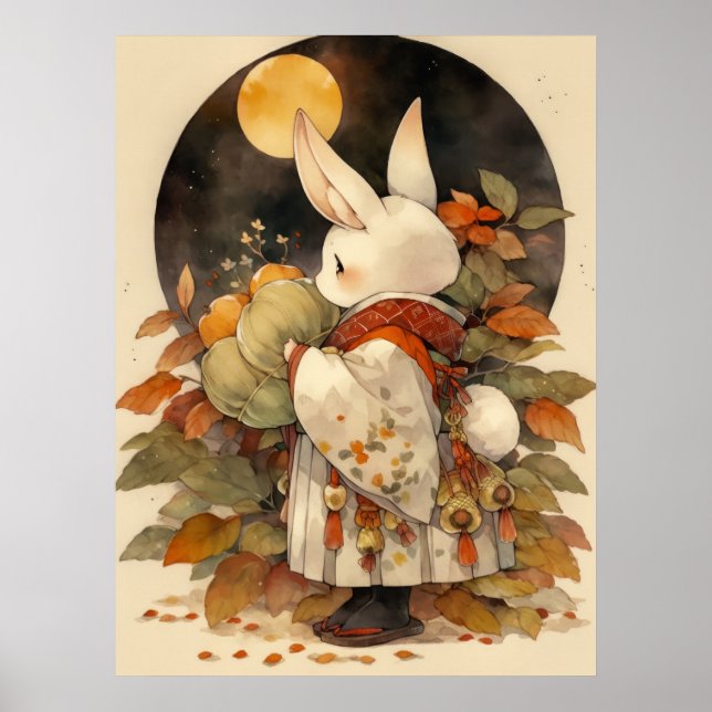 Kawaii Rabbit Girl Hang Out Mitte Herbst Festival Poster (Vorne)