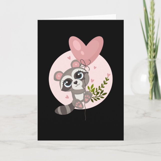 Kawaii Raccoon mit Ballon zum Valentinstag Karte (Vorderseite)