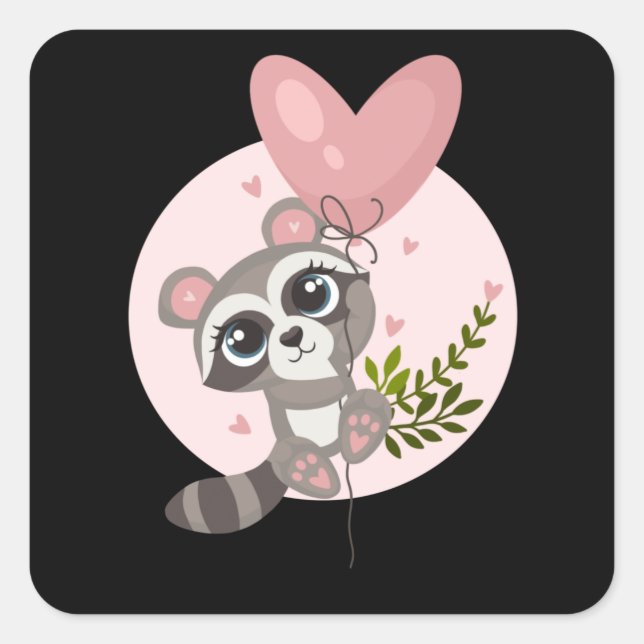 Kawaii Raccoon mit Ballon zum Valentinstag Quadratischer Aufkleber (Vorderseite)
