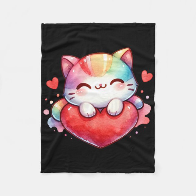 Kawaii Rainbow Cute Cat Hugging Heart Kitty Love C Fleecedecke (Vorderseite)