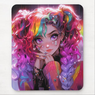 Kawaii Rainbow Hair Braids Anime Girl Mousepad