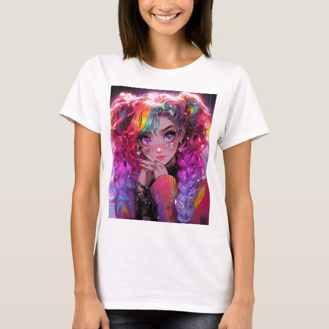 Kawaii Rainbow Hair Braids Anime Girl T-Shirt (Vorderseite)