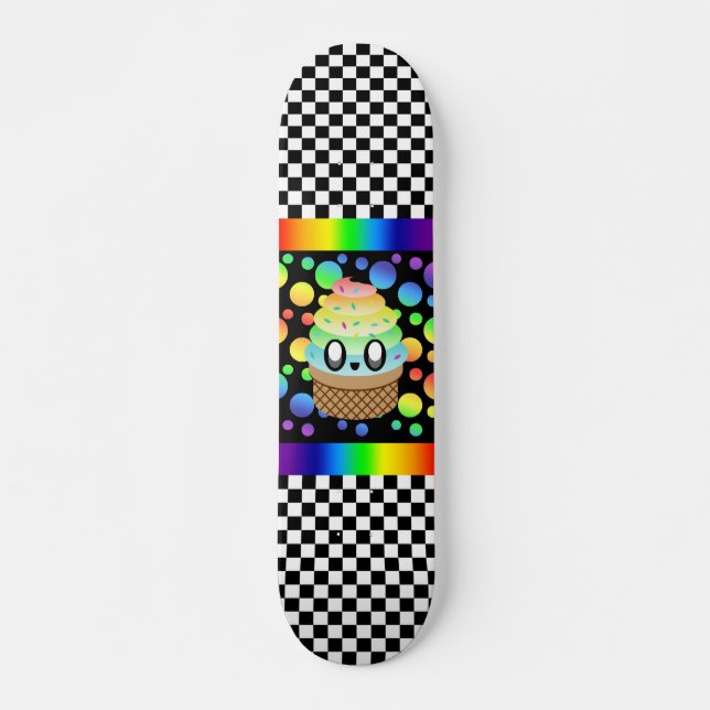 Kawaii Rainbow Ice Creme Cone Checkerboard Skateboard (Vorne)