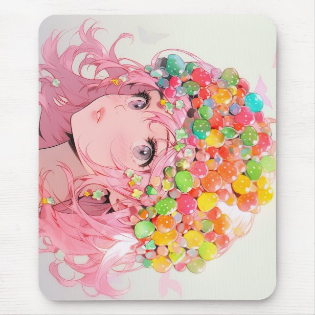 Kawaii Rainbow Pastel Candy Mushroom Anime Girl Mousepad (Vorne)
