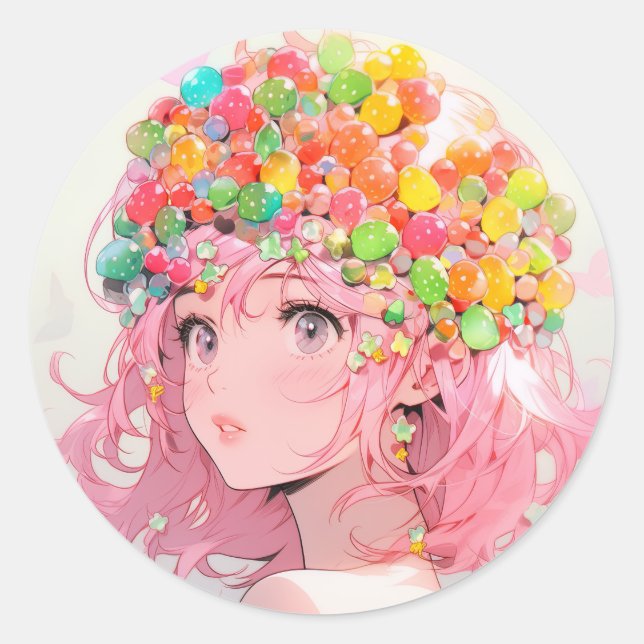 Kawaii Rainbow Pastel Candy Mushroom Anime Girl Runder Aufkleber (Vorderseite)