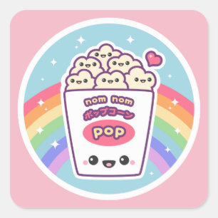 Kawaii Rainbow Popcorn Quadratischer Aufkleber