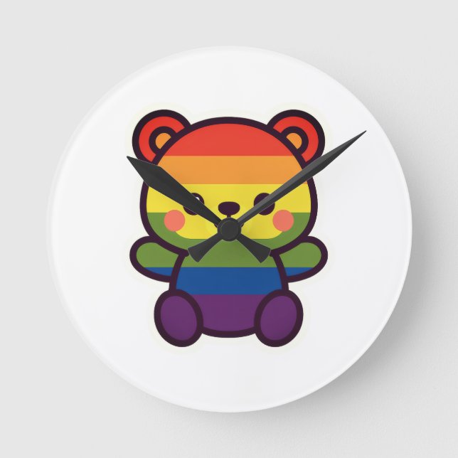 Kawaii Rainbow Teddy - Ein Niedlicher LGBTQ+-Prix- Runde Wanduhr (Vorderseite)