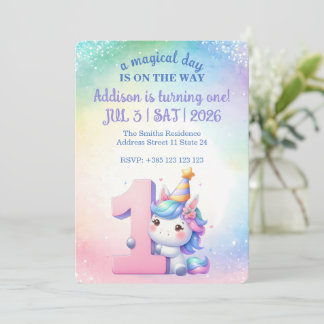 Kawaii Rainbow Unicorn 1. Geburtstag Party Einladung