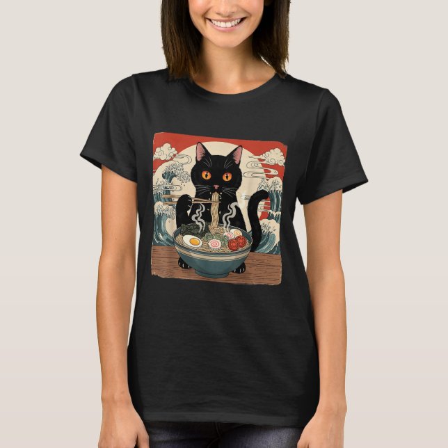 Kawaii Ramen Cat Anime Japanese Noodles Food Wave  T-Shirt (Vorderseite)