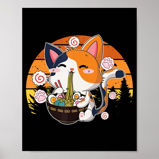 Kawaii Ramen Cat Anime Japanischer Neko Noodle Fun Poster (Vorne)
