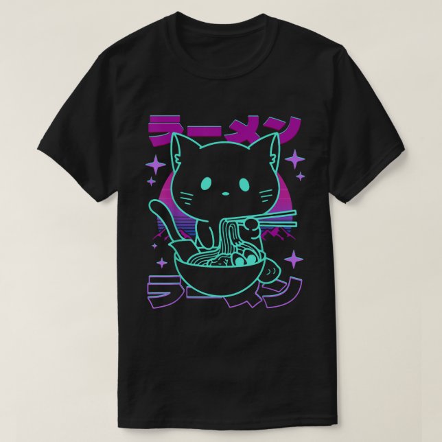 Kawaii Ramen Cat Retro Japanese Vaporwave T-Shirt (Design vorne)