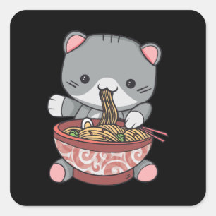Kawaii Ramen Kat-Nudelschale mit Chock-Sticks Quadratischer Aufkleber