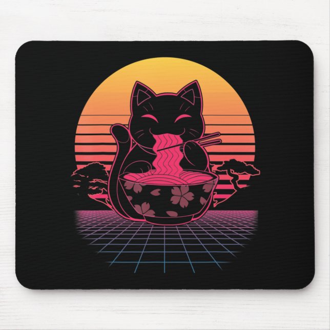 Kawaii Ramen Neko Retro Katze Japanisches Noodle A Mousepad (Vorne)