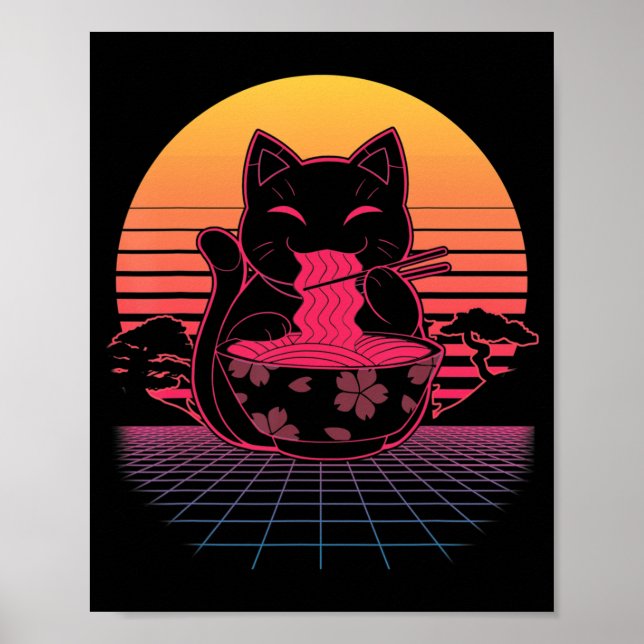 Kawaii Ramen Neko Retro Katze Japanisches Noodle A Poster (Vorne)
