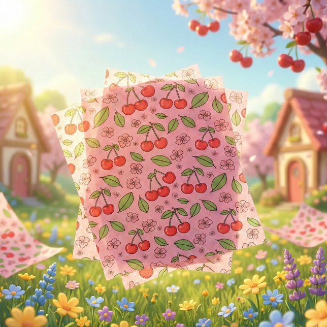 Kawaii Red Cherry Vibes Cute Girly Aesthetic Seidenpapier (Von Creator hochgeladen)