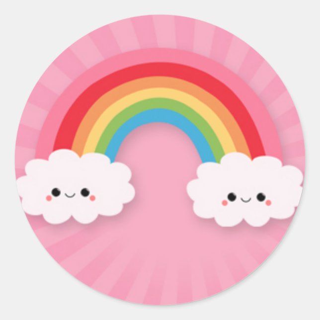 Kawaii Regenbogen und Wolken auf rosa Sternexplosi Runder Aufkleber (Vorderseite)