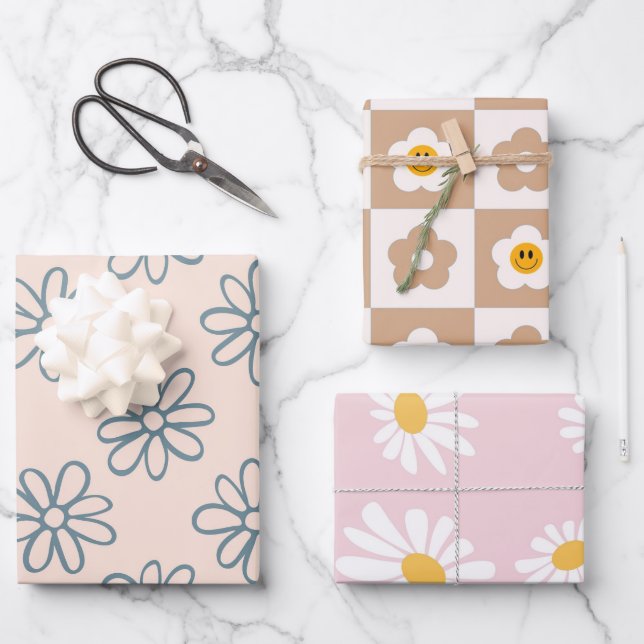 Kawaii Retro Pink Daisy Geschenkpapier Set (Vorderseite)