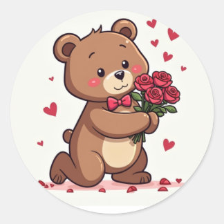 Kawaii Romantischer Bär Vorschlag mit Rose und Her Runder Aufkleber