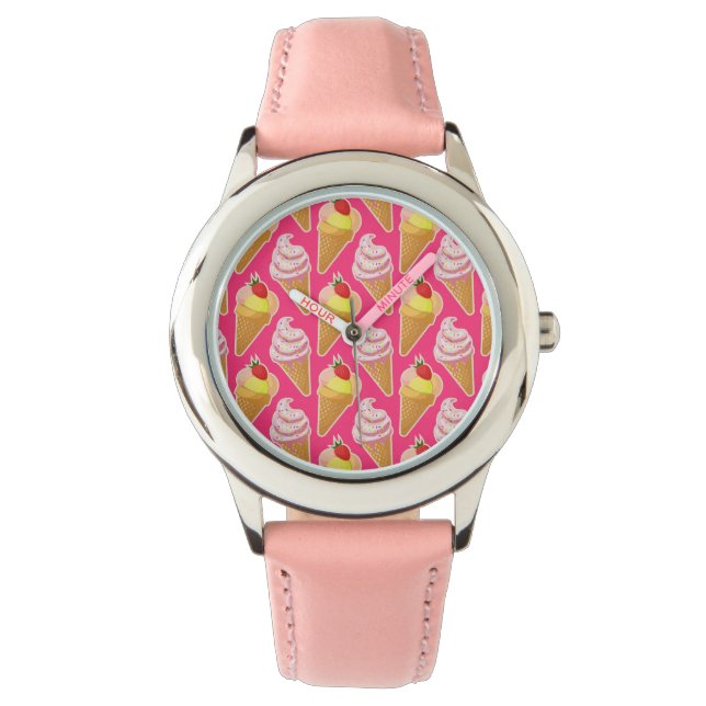 Kawaii-rosa Muster mit Erdbeereis Armbanduhr (Vorderseite)