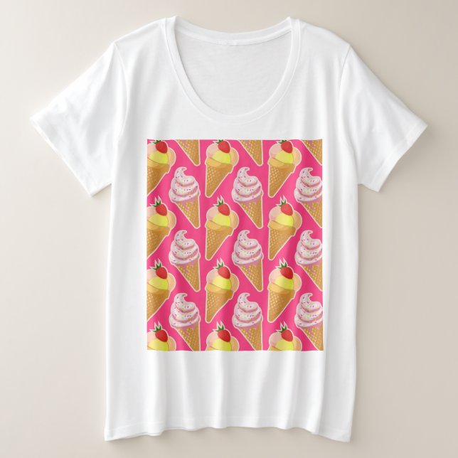 Kawaii-rosa Muster mit Erdbeereis Große Größe T-Shirt (Design vorne)