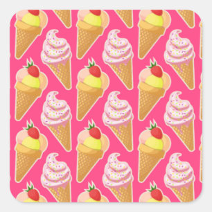Kawaii-rosa Muster mit Erdbeereis Quadratischer Aufkleber