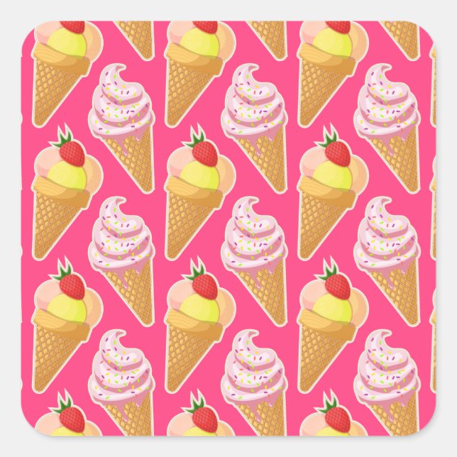 Kawaii-rosa Muster mit Erdbeereis Quadratischer Aufkleber (Vorderseite)