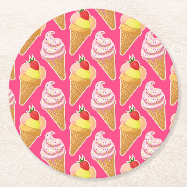 Kawaii-rosa Muster mit Erdbeereis Runder Pappuntersetzer (Vorderseite)