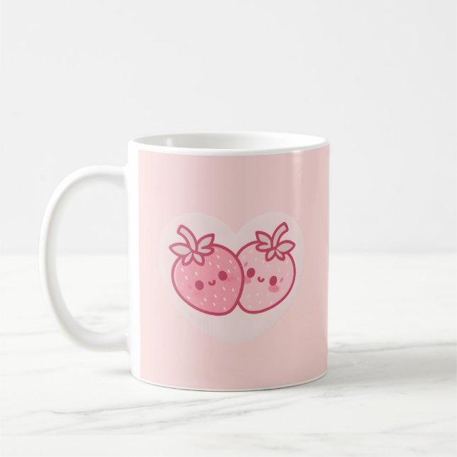 Kawaii rosa Valentinstag-Erdbeeren (Rosa) Kaffeetasse (Links)