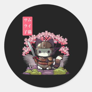 Kawaii Samurai Kitten mit Cherry Blossom Japanisch Runder Aufkleber
