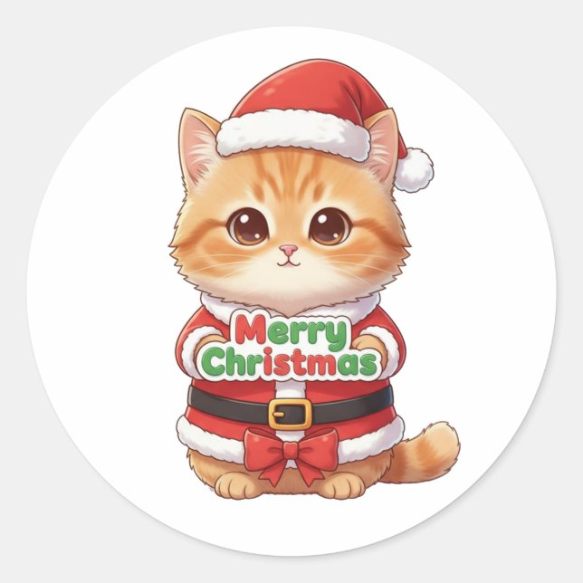 Kawaii Santa Cat Merry Christmas Runder Aufkleber (Vorderseite)