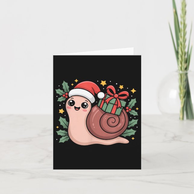 Kawaii Santa Snail With Wrapped Box And Holly Star Karte (Vorderseite)