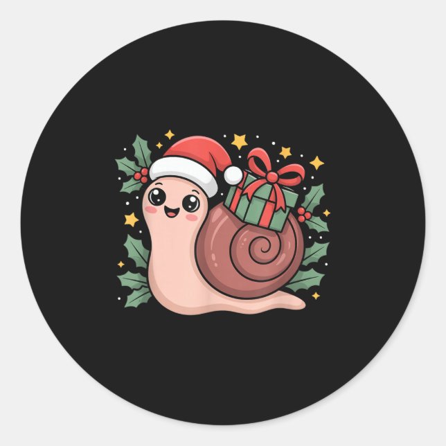 Kawaii Santa Snail With Wrapped Box And Holly Star Runder Aufkleber (Vorderseite)