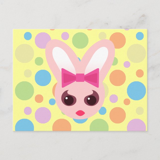 Kawaii Sassy Bunny Pink Bow & Mod Dots Postkarte (Vorderseite)