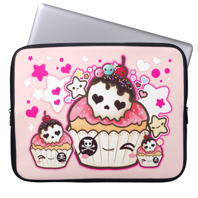 Kawaii Schädelkuchen mit Sternen und Herzen Laptopschutzhülle (Vorderseite)