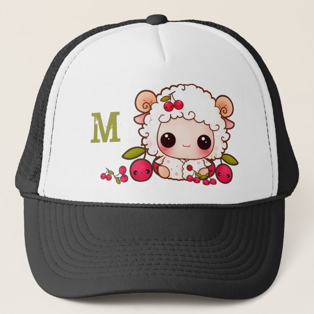 Kawaii Schafe und Kirschen - mit Monogramm Truckerkappe (Vorderseite)