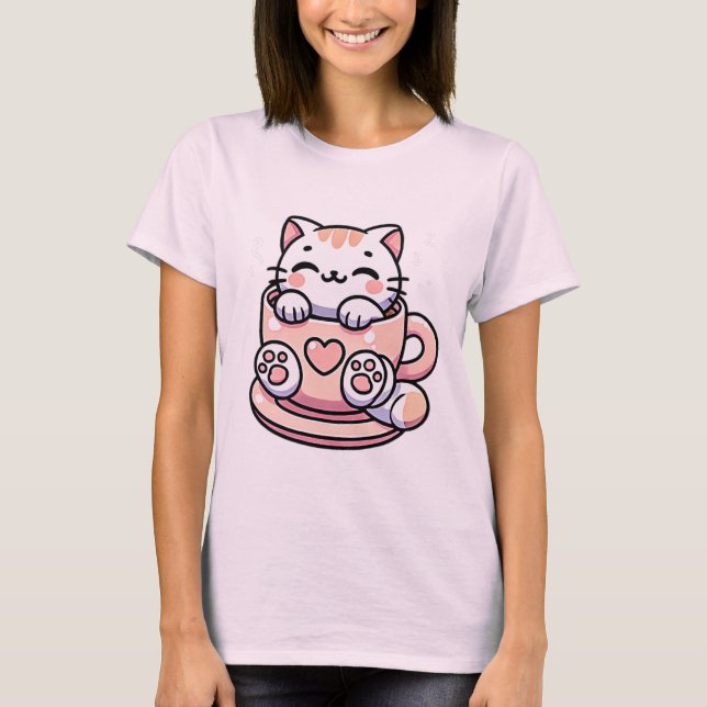 Kawaii Schlafkatze in Teacup Niedlich Ästhetik T-Shirt (Vorderseite)
